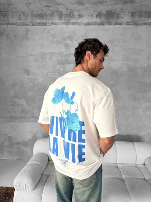 Lushio Wear Ön ve Arka Baskılı Oversize Bisiklet Yaka T-Shirt- Beyaz