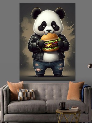 Hamburgerli Panda Dekoratif Kanvas - Mdf Ahşap Tablo