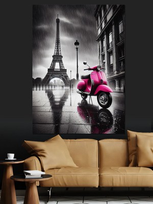 Eyfel Kulesi ve Pembe Motosiklet Dekoratif Kanvas - Mdf Ahşap Tablo