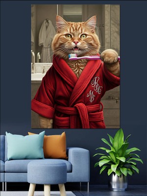 Bornozlu Kedi Dekoratif Kanvas - Mdf Ahşap Tablo