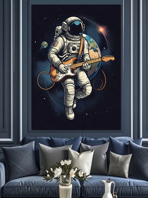 Gitar Çalan Astronot Dekoratif Kanvas - Mdf Ahşap Tablo