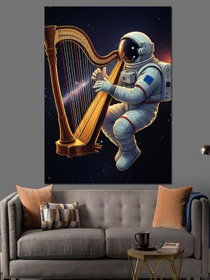 Uzayda Arp Çalan Astronot Dekoratif Kanvas - Mdf Ahşap Tablo