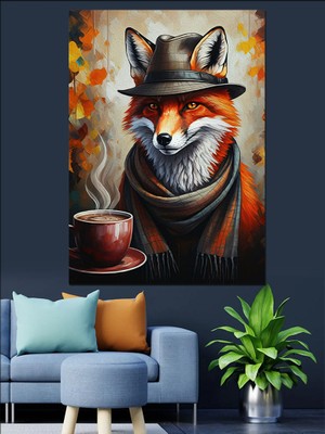 Kahve Içen Tilki Dekoratif Kanvas - Mdf Ahşap Tablo