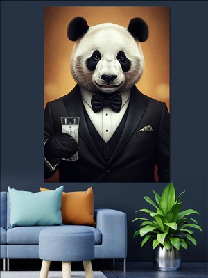 Panda ve Şık Kadehi Dekoratif Kanvas - Mdf Ahşap Tablo