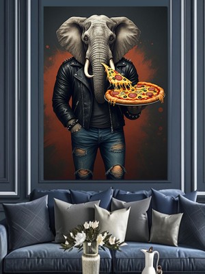 Pizza Tutan Deri Ceketli Fil Dekoratif Kanvas - Mdf Ahşap Tablo
