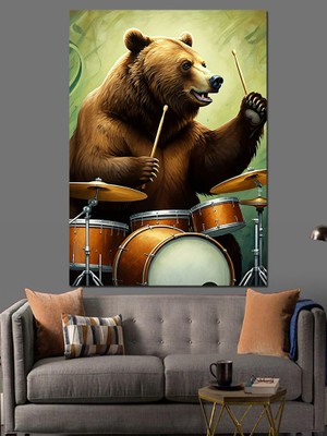 Davul Çalan Ayı Dekoratif Kanvas - Mdf Ahşap Tablo