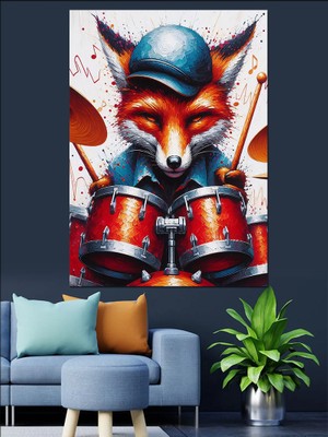 Davul Çalan Tilki Dekoratif Kanvas - Mdf Ahşap Tablo