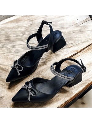 Taş Detaylı Sivri Burun Kısa Topuklu Günlük Abiye Babet Ayakkabı