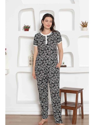 Bie's Kadın Çiçek Desen Bisiklet Yaka 3 Düğmeli Pamuk Penye Ince Yazlık Kısa Kol Pijama Takımı