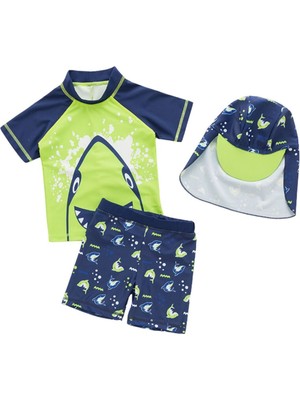 UPF50+ Güneş Korumalı Şort T-Shirt Şapka Mayo Set Neon Yeşil Laci Shark