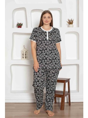 Alimer Kadın Çiçek Desen Bisiklet Yaka 3 Düğmeli  Pamuk Penye Ince Yazlık Kısa Kol Pijama Takımı