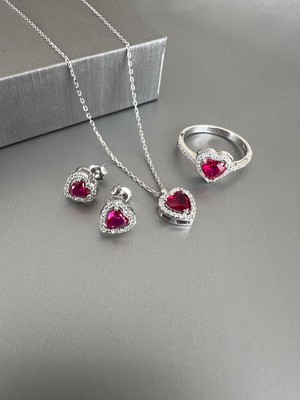 Zeta Jewel 925 Ayar Gümüş Kırmızı Taşlı Kalp Set - Kolye Küpe Yüzük , Hediye Kutulu