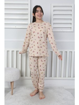 Isob Bej Kelebek Desenli %100 Pamuk Kız Çocuk Kısa Kollu Pijama Takımı 8-13 Yaş 41406-B
