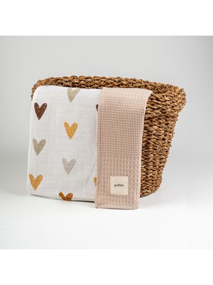 Pufien Kalp Desenli Çok Amaçlı Müslin Bebek Örtüsü, Waffle Bebek Örtü & Battaniye