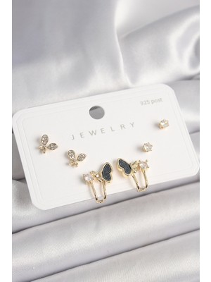 925 Ayar Gümüş Çivi Pirinç Zirkon Taşlı Kelebek Model Kadın Küpe Seti