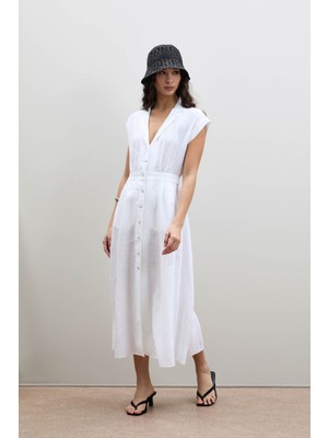 %100 Keten Düğme Detaylı Gömlek Elbise