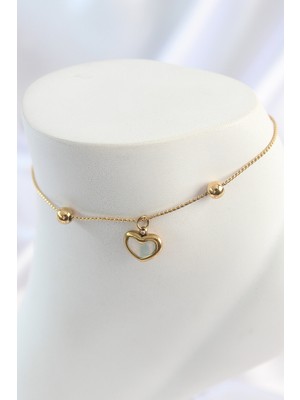 316L Çelik Gold Renk Sallantı Mineli Kalp Figür Topçuk Detay Kadın Halhal