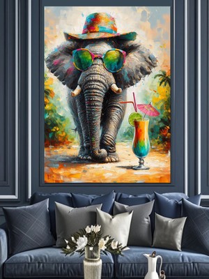 Tropik Gözlüklü Fil Dekoratif Kanvas - Mdf Ahşap Tablo