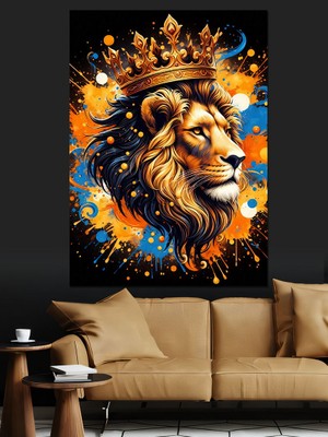 Taçlı Aslan Dekoratif Kanvas - Mdf Ahşap Tablo