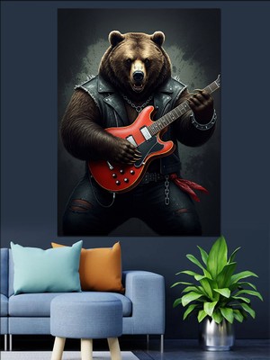 Gitar Çalan Ayı Dekoratif Kanvas - Mdf Ahşap Tablo