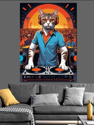 Dj Kedi Gösterisi Dekoratif Kanvas - Mdf Ahşap Tablo