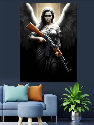 Tüfek Taşıyan Melek Dekoratif Kanvas - Mdf Ahşap Tablo