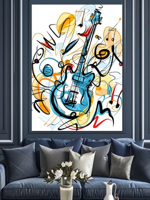 Renkli Gitar Sanatı Dekoratif Kanvas - Mdf Ahşap Tablo