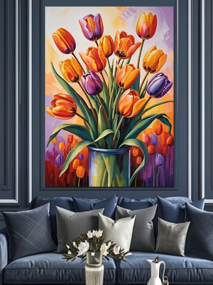 Renkli Lale Aranjmanı Dekoratif Kanvas - Mdf Ahşap Tablo
