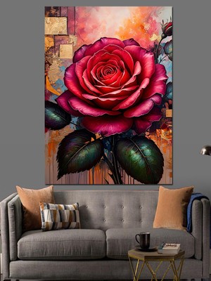 Kırmızı Gül ve Modern Grafik Dekoratif Kanvas - Mdf Ahşap Tablo
