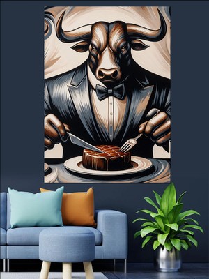 Yemek Yiyen Boğa Dekoratif Kanvas - Mdf Ahşap Tablo