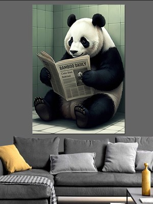 Gazete Okuyan Panda Dekoratif Kanvas - Mdf Ahşap Tablo