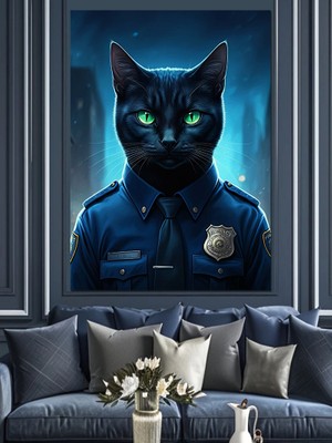 Karizma Tablo Polis Kıyafetli Kedi Dekoratif Kanvas - Mdf Ahşap Tablo