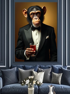 Şık Tuxedo Maymun ve Çay Dekoratif Kanvas - Mdf Ahşap Tablo