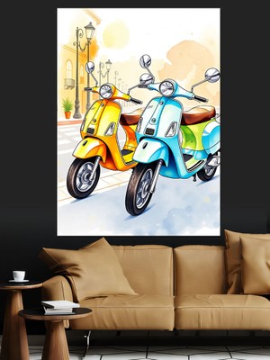 Renkli Vespa Motorları Dekoratif Kanvas - Mdf Ahşap Tablo