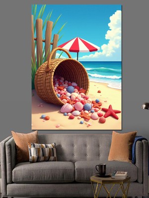 Karizma Tablo Plajda Kum Sepeti ve Deniz Kabukları Dekoratif Kanvas - Mdf Ahşap Tablo