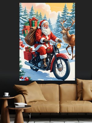 Noel Baba ve Geyik Dekoratif Kanvas - Mdf Ahşap Tablo