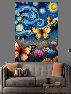 Karizma Tablo Yıldızlı Gece ve Kelebekler Dekoratif Kanvas - Mdf Ahşap Tablo
