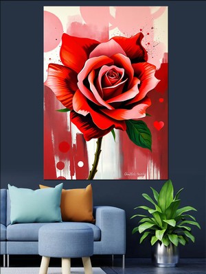 Karizma Tablo Kırmızı Gül Çizimi Dekoratif Kanvas - Mdf Ahşap Tablo