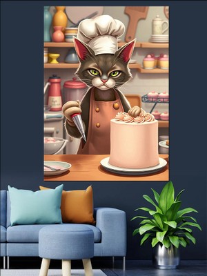 Karizma Tablo Tatlı Şef Kedisi Dekoratif Kanvas - Mdf Ahşap Tablo