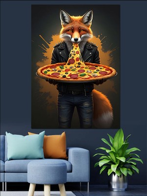 Karizma Tablo Pizza Yiyen Tilki Dekoratif Kanvas - Mdf Ahşap Tablo