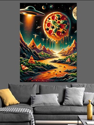 Karizma Tablo Uzayda Pizza Gezegen Dekoratif Kanvas - Mdf Ahşap Tablo