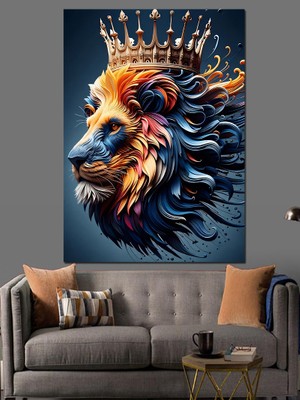 Taçlı Aslan Dekoratif Kanvas - Mdf Ahşap Tablo
