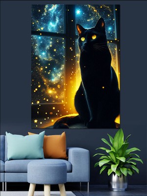 Ekart Yıldızlı Gece Kedisi Dekoratif Kanvas - Mdf Ahşap Tablo