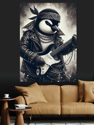 Gitar Çalan Penguen Dekoratif Kanvas - Mdf Ahşap Tablo