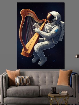Ekart Uzayda Arp Çalan Astronot Dekoratif Kanvas - Mdf Ahşap Tablo