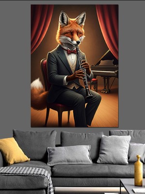 Ekart Klarnetçi Tilki Dekoratif Kanvas - Mdf Ahşap Tablo
