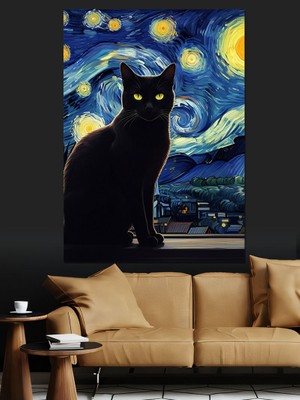 Ekart Yıldızlı Gece ve Kedi Dekoratif Kanvas - Mdf Ahşap Tablo