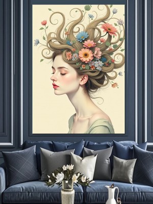 Ekart Çiçekli Saç Modeli Dekoratif Kanvas - Mdf Ahşap Tablo