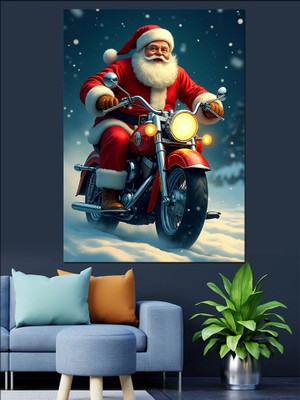 Motosikletli Noel Baba Dekoratif Kanvas - Mdf Ahşap Tablo