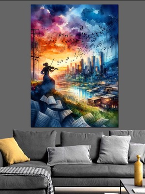 Ekart Kemancı Renkli Patlama Dekoratif Kanvas - Mdf Ahşap Tablo